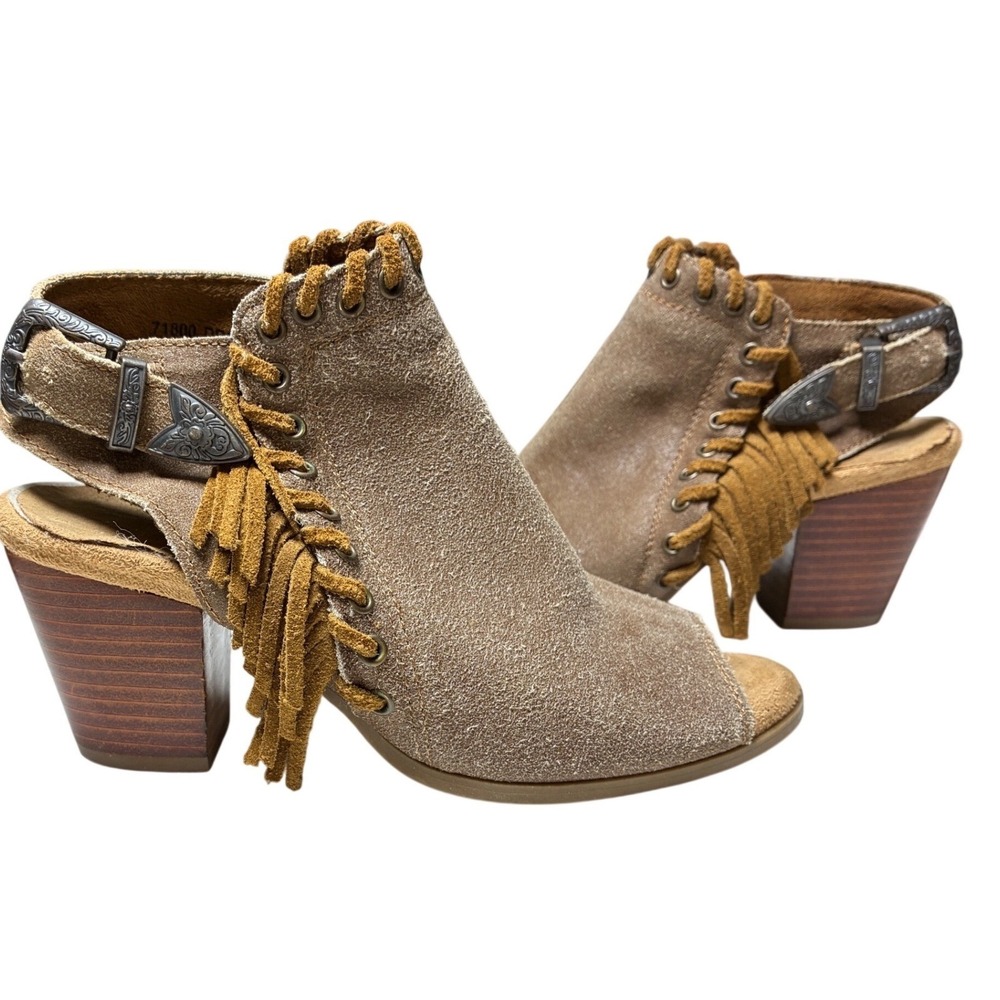 Minnetonka 71800 Suede Fringe Open Toe Block Heel Sandals Boho Size 7